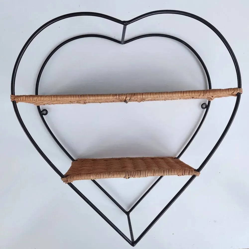 Vintage Heart Shaped Wall Shelf Wicker & Metal Boho Mid Century Hanging Display